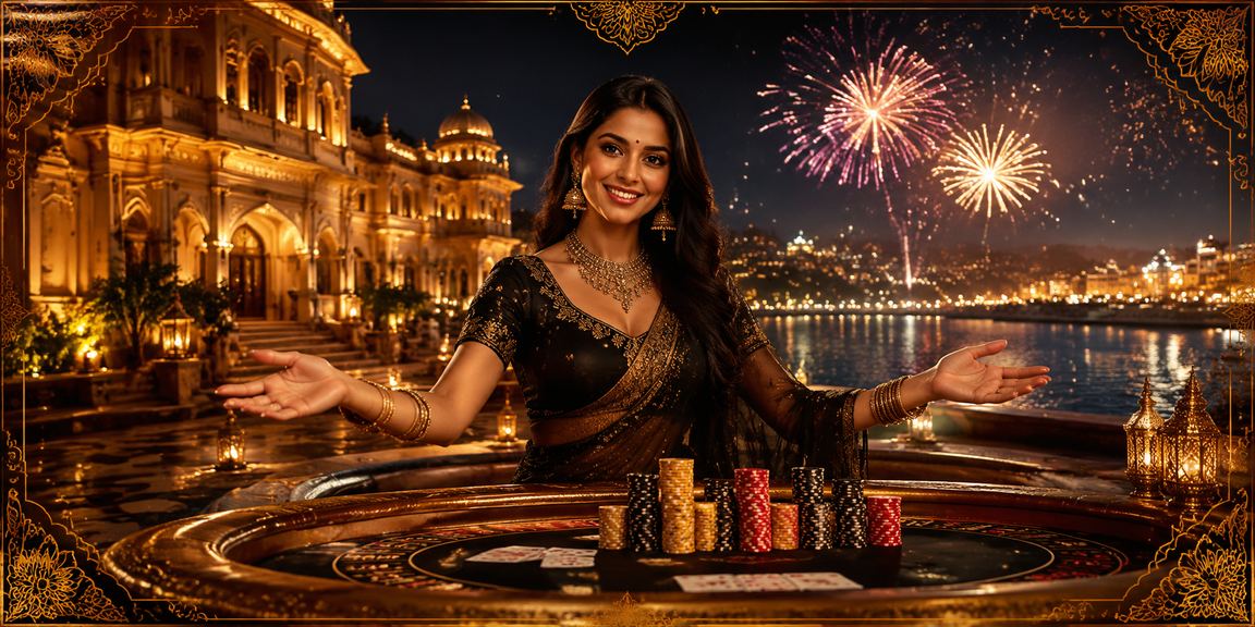 Live baccarat game in a vibrant Indian market at night